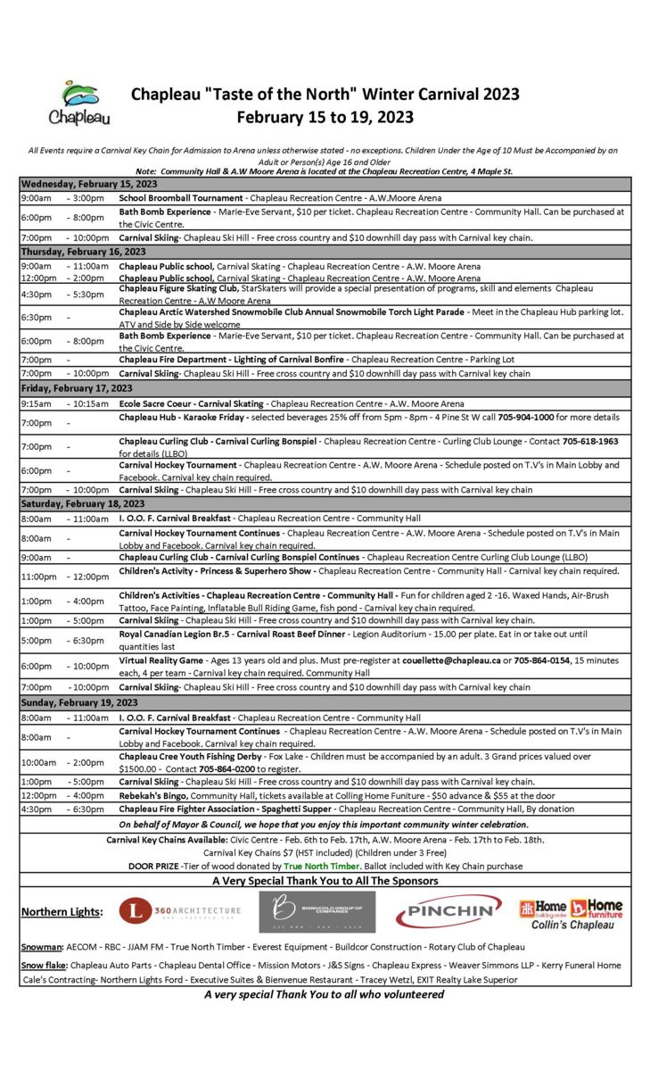 News Chapleau Annual Taste of the North Winter Carnival Schedule